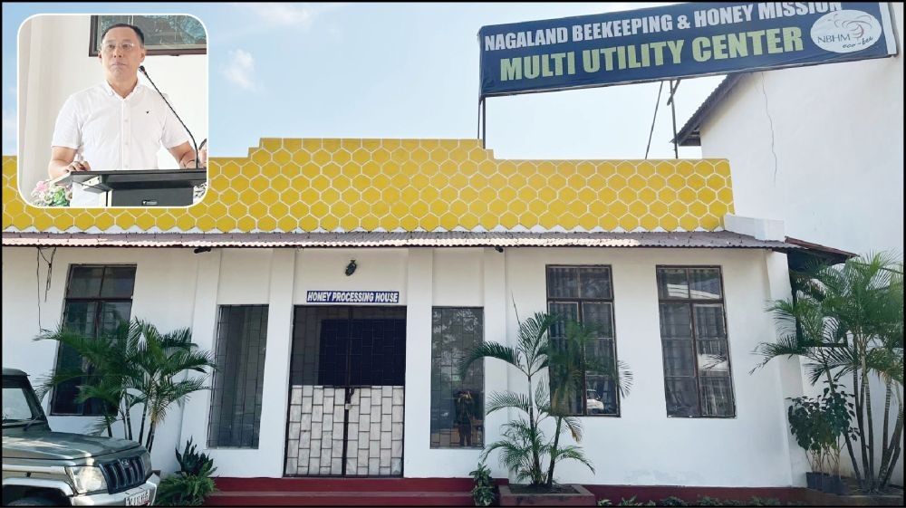 NBKHM’s honey processing house located at its multi utility centre at 6th Mile, Sovima village Chümoukedima. (Inset) Khuvozoyi Vese, Deputy Team Leader of the NBHM speaking during the 5th Nagaland Honey Bee day. (Morung Photo)